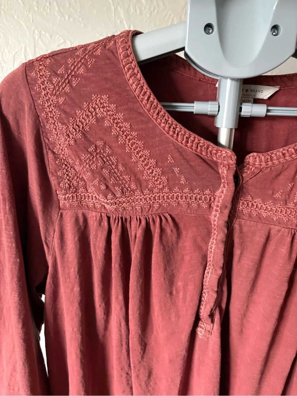 Lucky Brand 1X 100% Cotton Embroidered Boho Peasant Top Dusty Rose